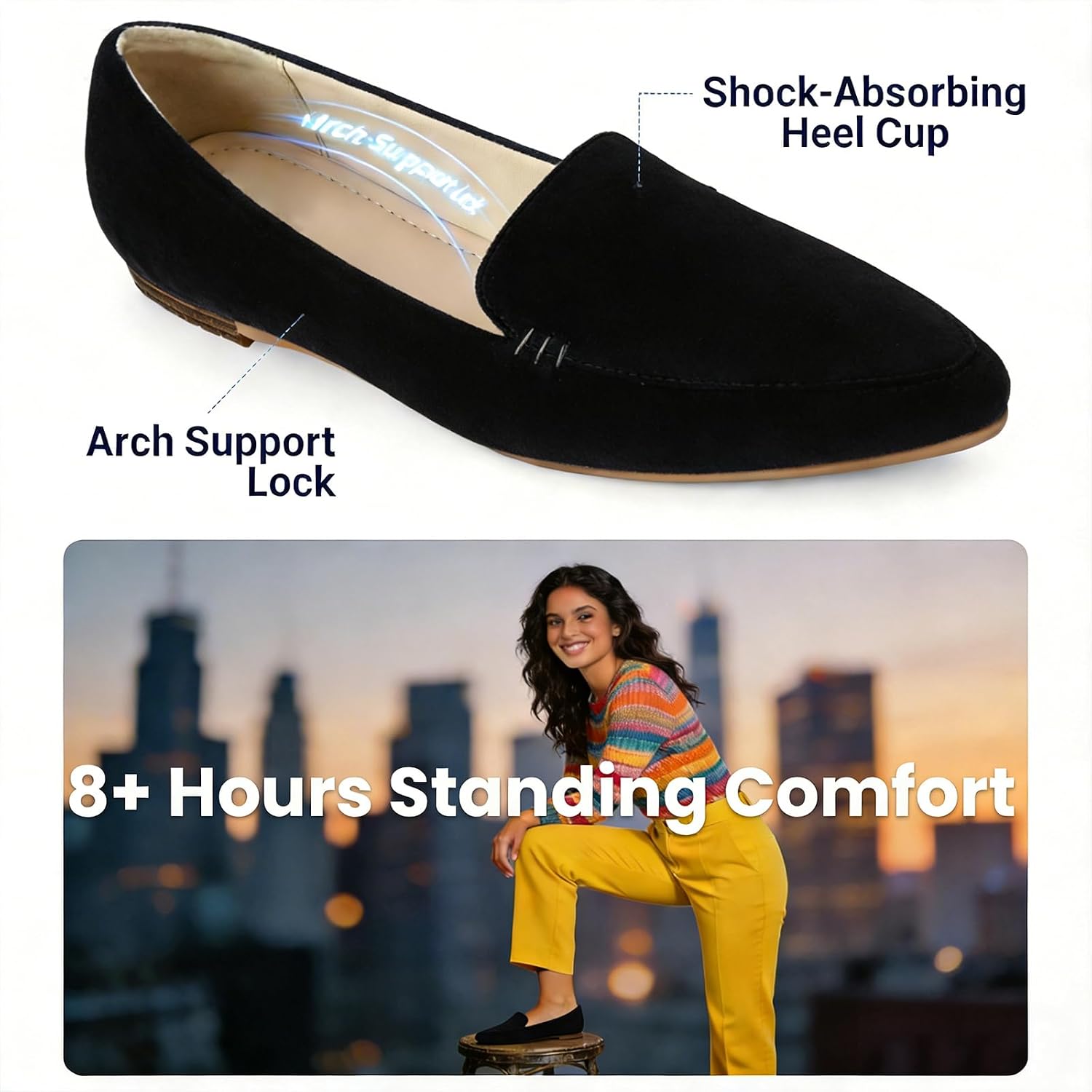 MUSSHOE Pointed Toe Flats for Women, Comfortable Business Casual Work Shoes, Slip On Loafers with Arch Support, Office Walking Flats for All Day Standing