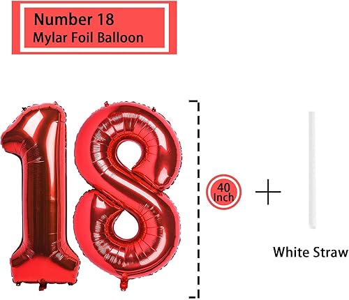 Miniatura 2 de Globo rojo con el número 18 de 40 pulgadas, globos grandes de Mylar para niños de 18 años de edad, decoración de fiesta de cumpleaños, boda,