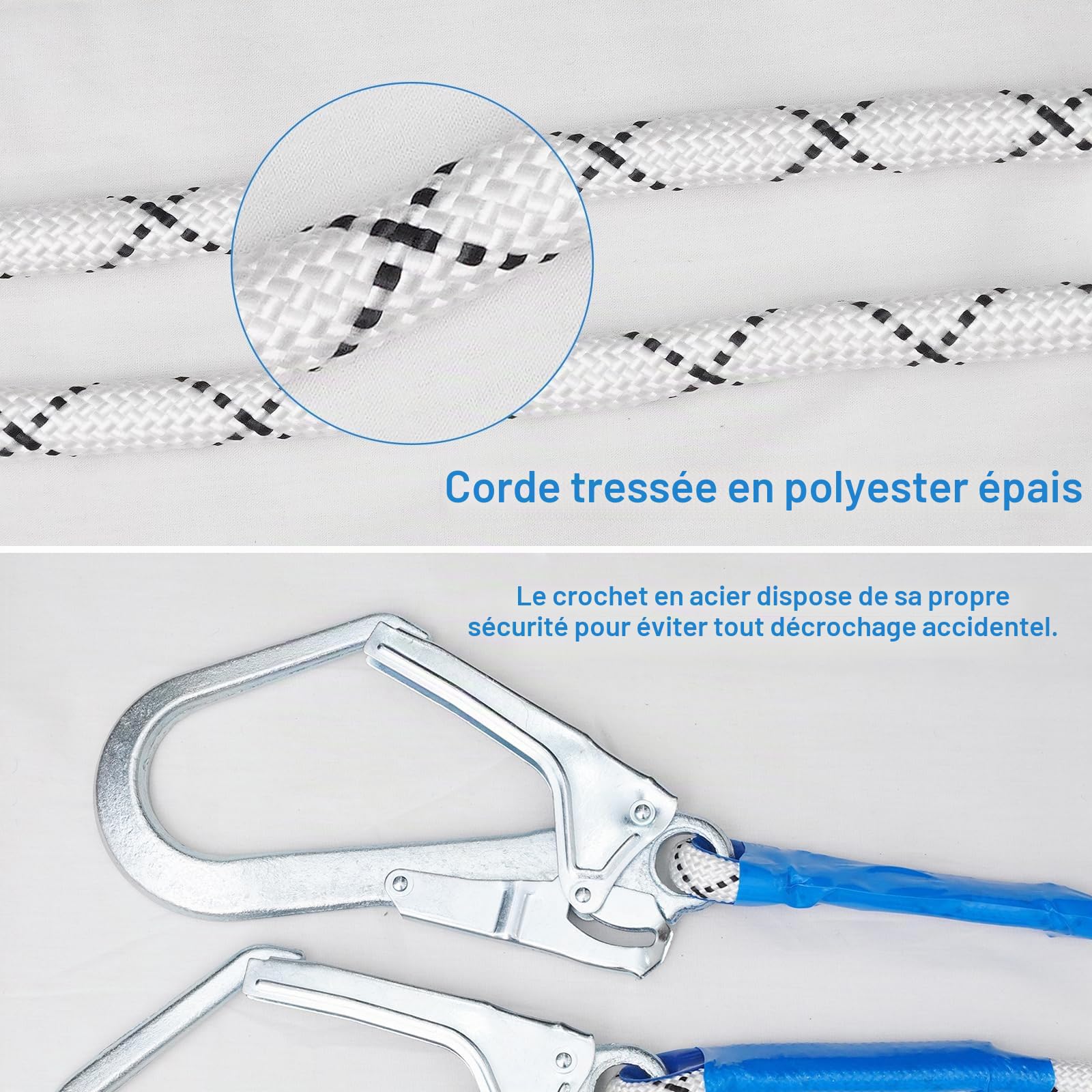 Corde de sécurité anti-chute, sangles de récupération, corde anti-chute de 2 m avec 2 mousquetons en acier allié et amortisseur de chute, convient pour l'escalade rocheuse en plein air, l'escalade des