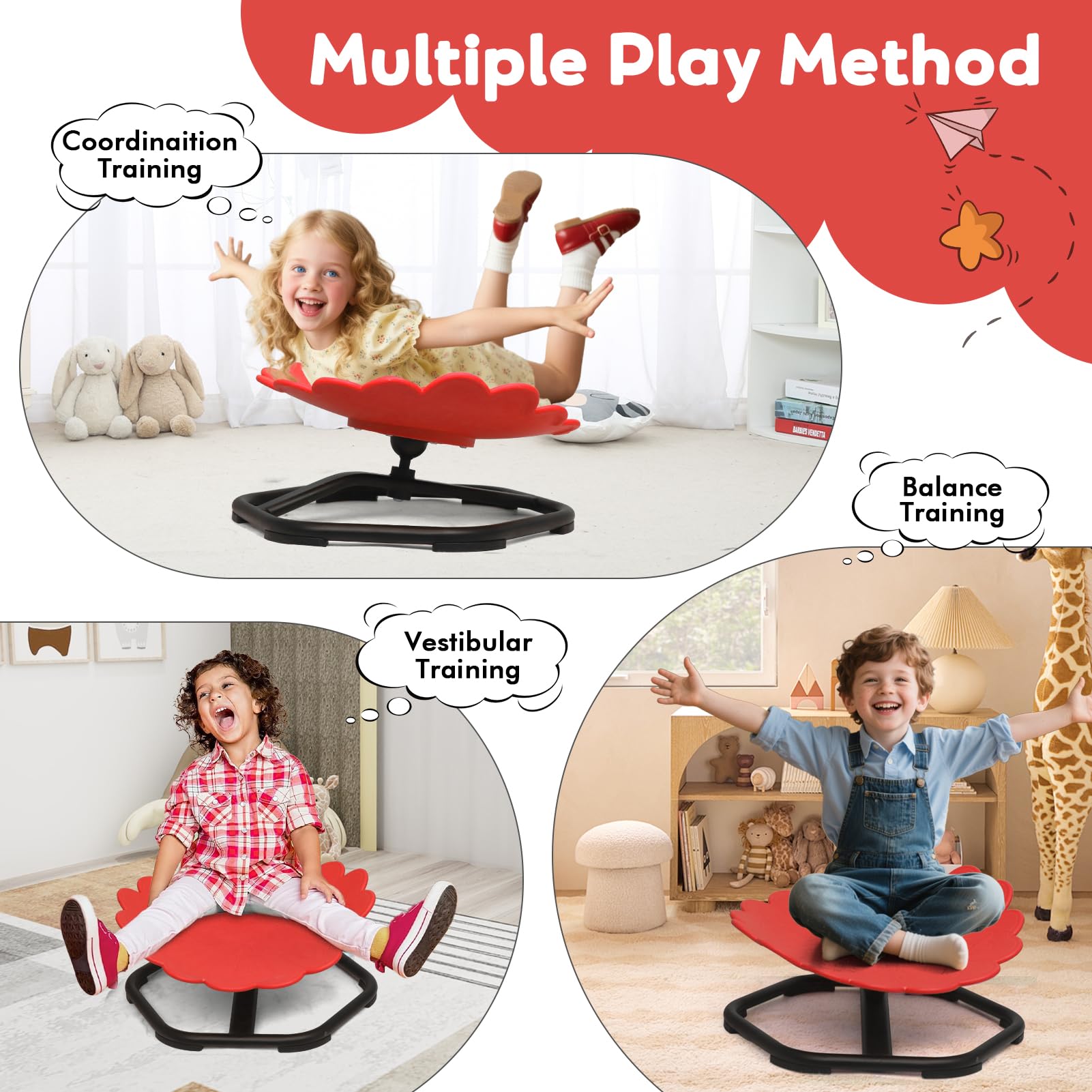 YGJT Kids Sensory Swivel Chair, Spinning Chair for Autistic Kids & ADHD Children, Autism Sensory Products Sit and Spin Activity Toys, Toddler Wobble Training Body Coordination, Red