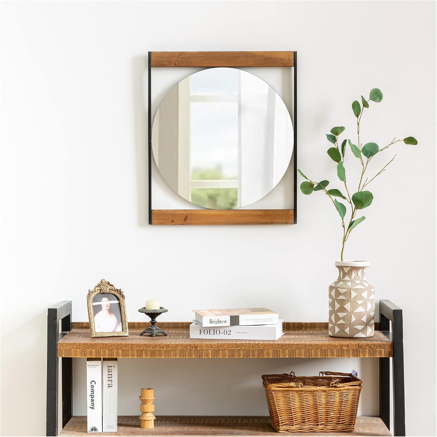 Rustic Round Wall Mirror with Wooden Frame for Bathroom Bedroom Entryway, 22"X19", Mirror for Christmas, New Year