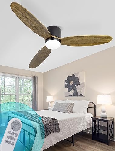 OUATER Ventilador de techo de montaje empotrado con madera clara, ventiladores de techo modernos de perfil bajo de 52 pulgadas para