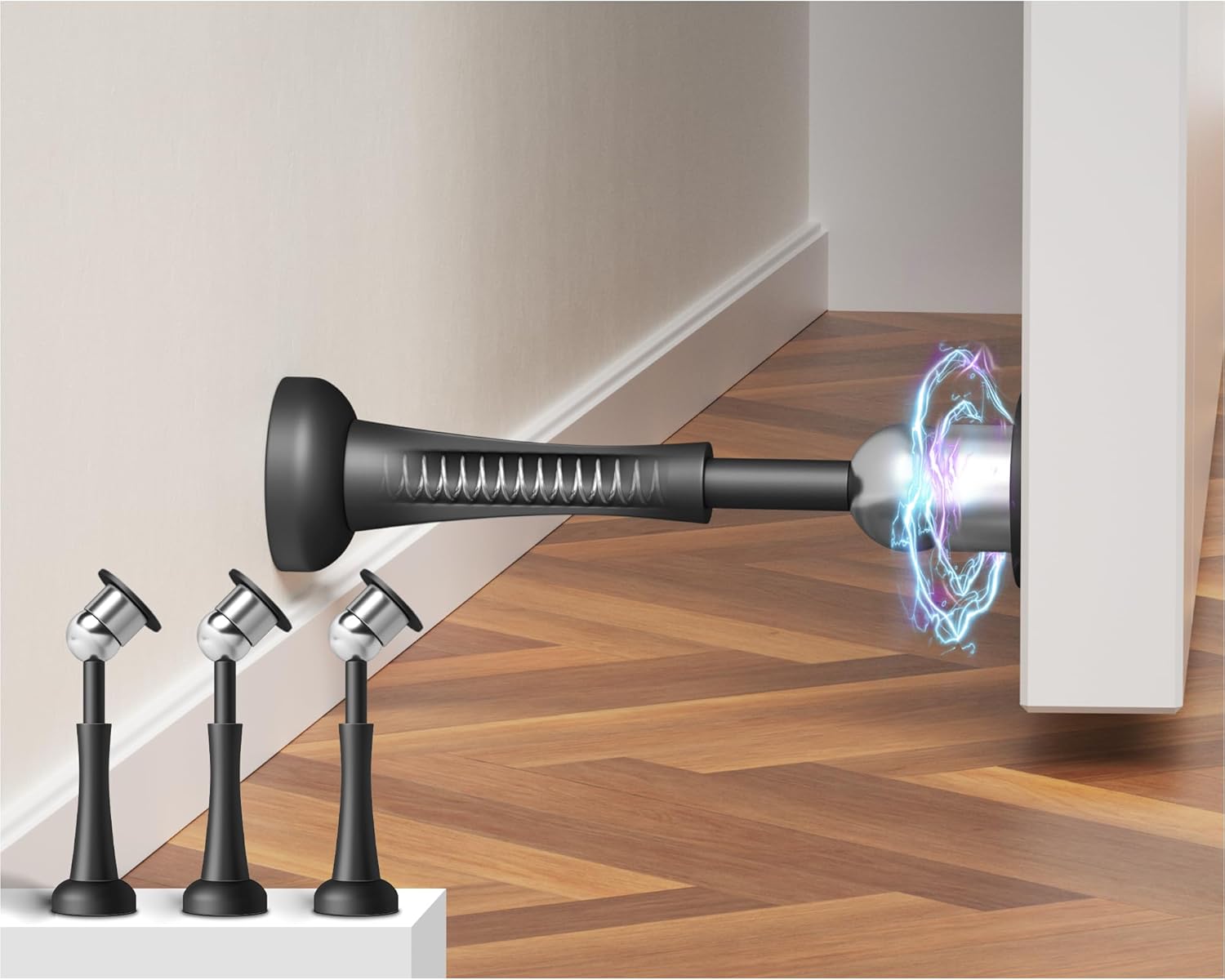 3PCS Magnetic Door Stop, 3.94Inch Spring Door Stoppers for Wall, Magnetic Door Catch with Adhesive Stick & Screws, Door Holder to Keep Door Open,Black