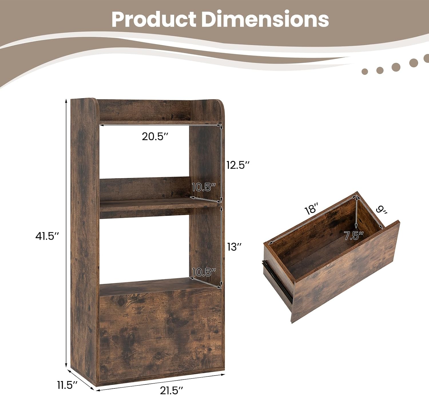 LOKO 4-Tier Bookshelf with Drawer Set of 2, Freestanding Bookcase with Open Shelf, Display Shelf with Anti-Toppling Kits, Storage Rack for Living Room, Study, Kitchen, Office (2, Rustic Brown)