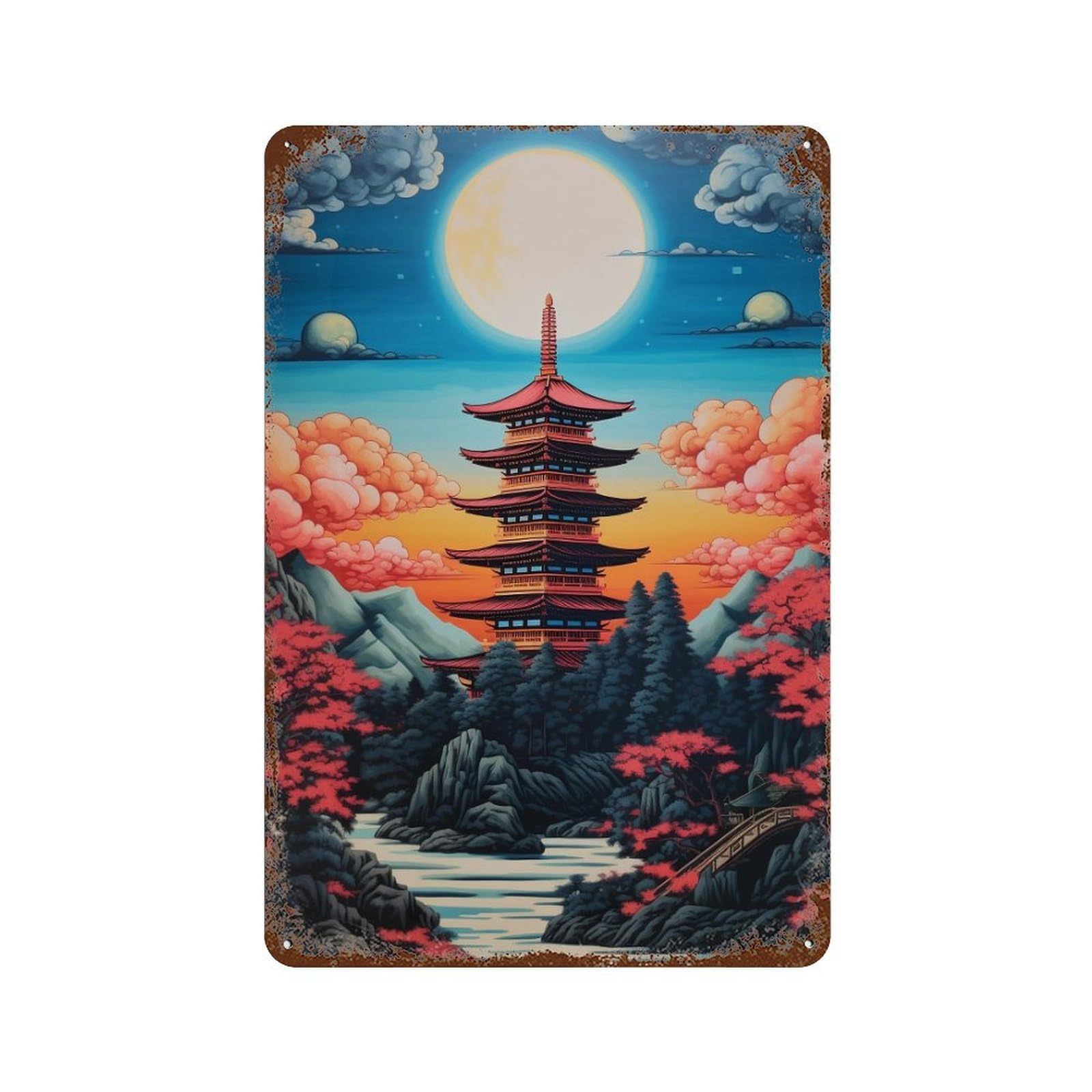 Japanese Pagoda Sunset Landscape-2 Retro Metal Sign 11.8"x7.9", for Patio, Garden Room And Bar Decor, Old School Wall Decor