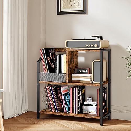 Miniatura 3 de Soporte grande para tocadiscos, soporte para discos de vinilo, estante de exhibición de vinilo, soporte rústico para tocadiscos, para libros, marrón