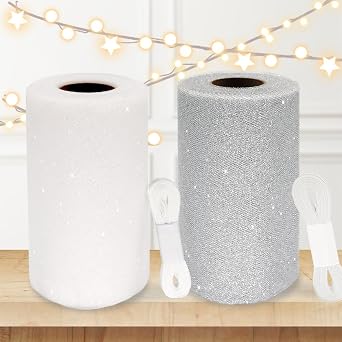 2PCS 6" x 50 Yards Glitter Tulle Fabric Roll Bundle White & Silver