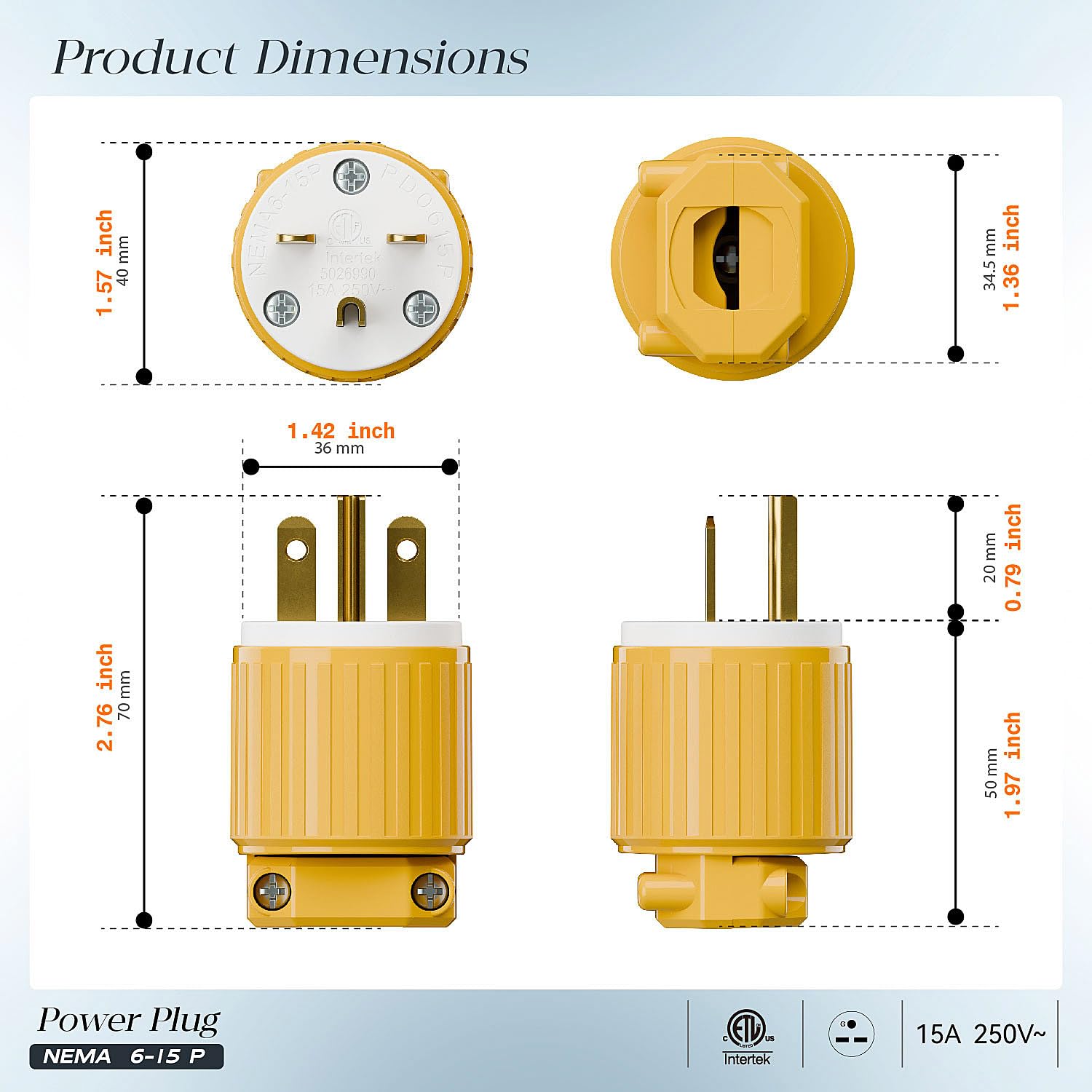 (10PACK) NEMA 6-15P Male Plug, ETL Listed 15AMP/250VOLT,15A Straight DIY Male, USA/Canada 3-Prong Connector, 15A/250V Plug Household AC Industrial Grade Plugs Yellow Color