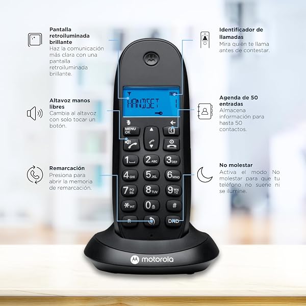 Motorola C1001CB+ - Teléfono Inalámbrico Digital DECT - Modo Call Blocking, Identificador de Llamadas, Manos Libres, Agenda 50 números, Pantalla Retroiluminada - Color Negro - 4