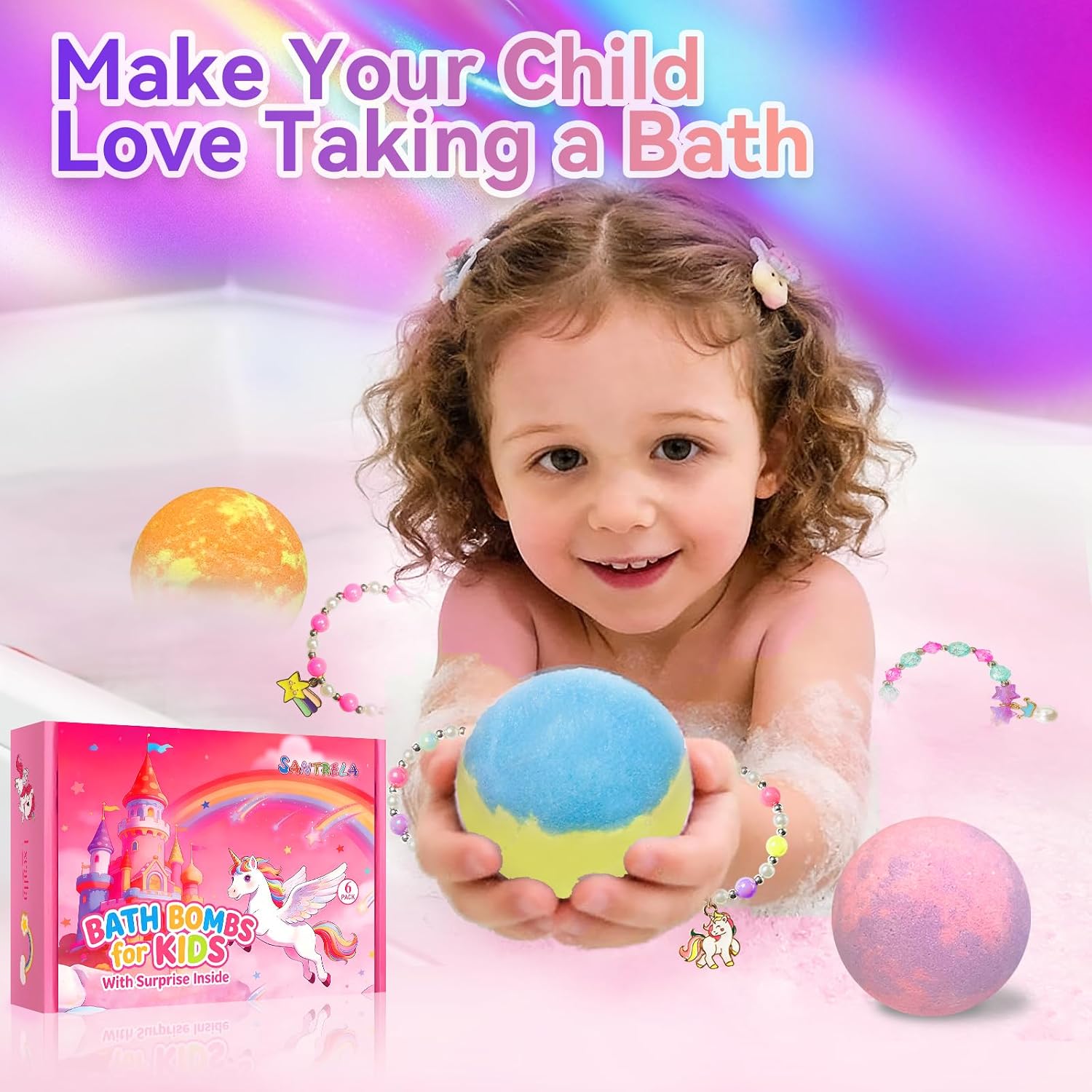 Bath Bombs for Girls with Surprise Inside, Unicorn Bath Bombs for Kids Girls with Bracelet Inside, 6 Pcs Basket Stuffers Bubble Bath Toys Birthday Gifts for 4 5 6 7 8 Year Old
