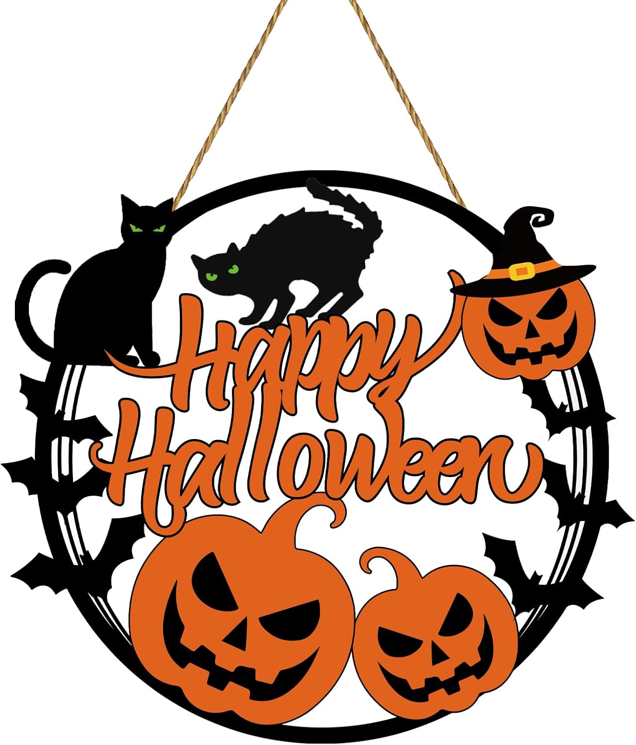 Halloween Door Decorations Halloween Wreath Scary Pumpkin Black Cat Bat Front Door Hanger Wooden Hanging Sign Wall Decor for Room Party Indoor Home Decor
