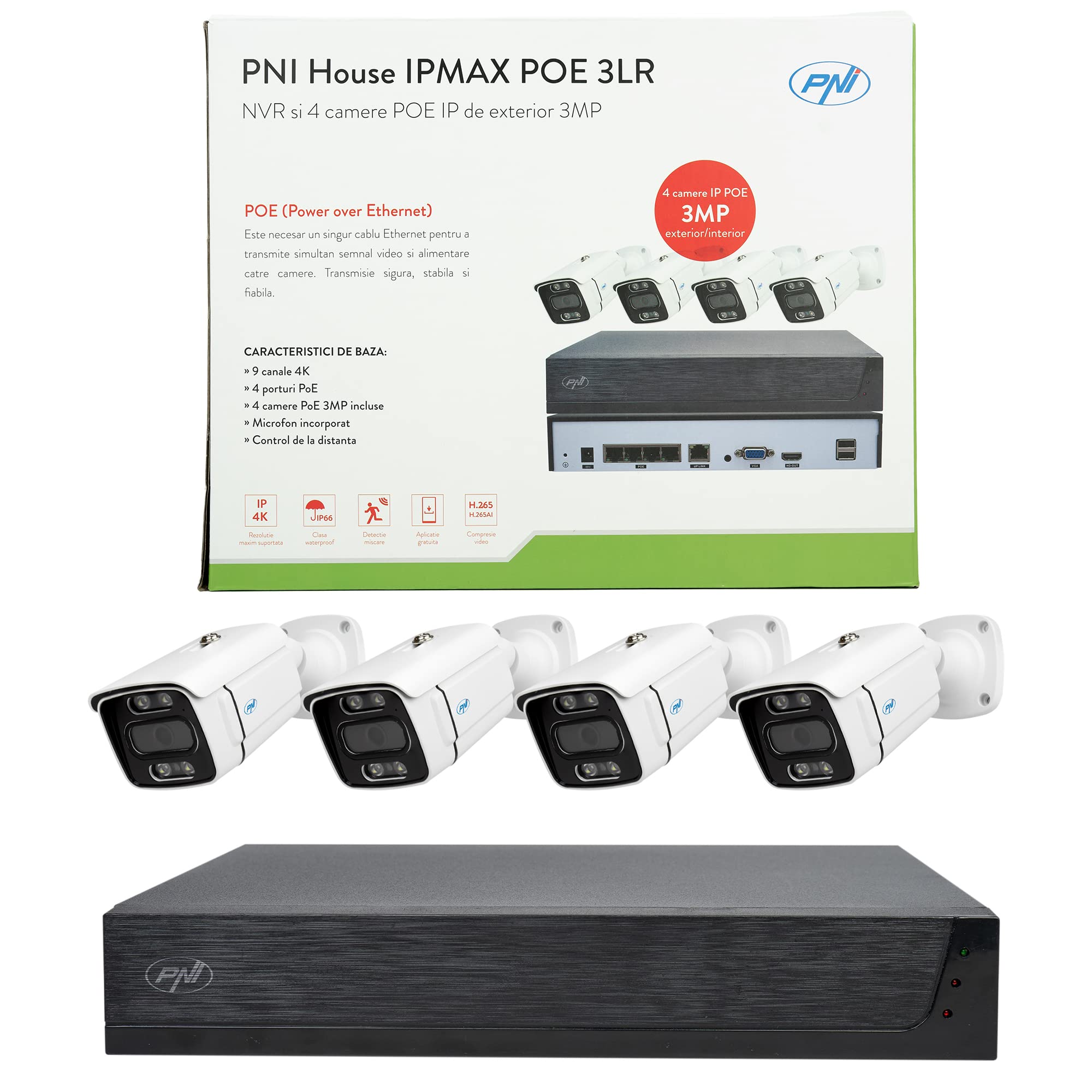PNI House IPMAX POE 3LR zestaw do monitoringu wideo, NVR z 4 portami POE i 10 w sieci, 4 kamery z 3 MP, na zewnątrz, Power Over Ethernet, rozpoznawanie twarzy, wykrywanie ruchu