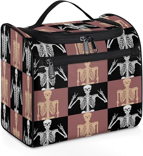 Neceser de esqueleto a cuadros, organizador de viaje colgante para hombres y mujeres, estuche de maquillaje para artículos de tocador, accesorios de