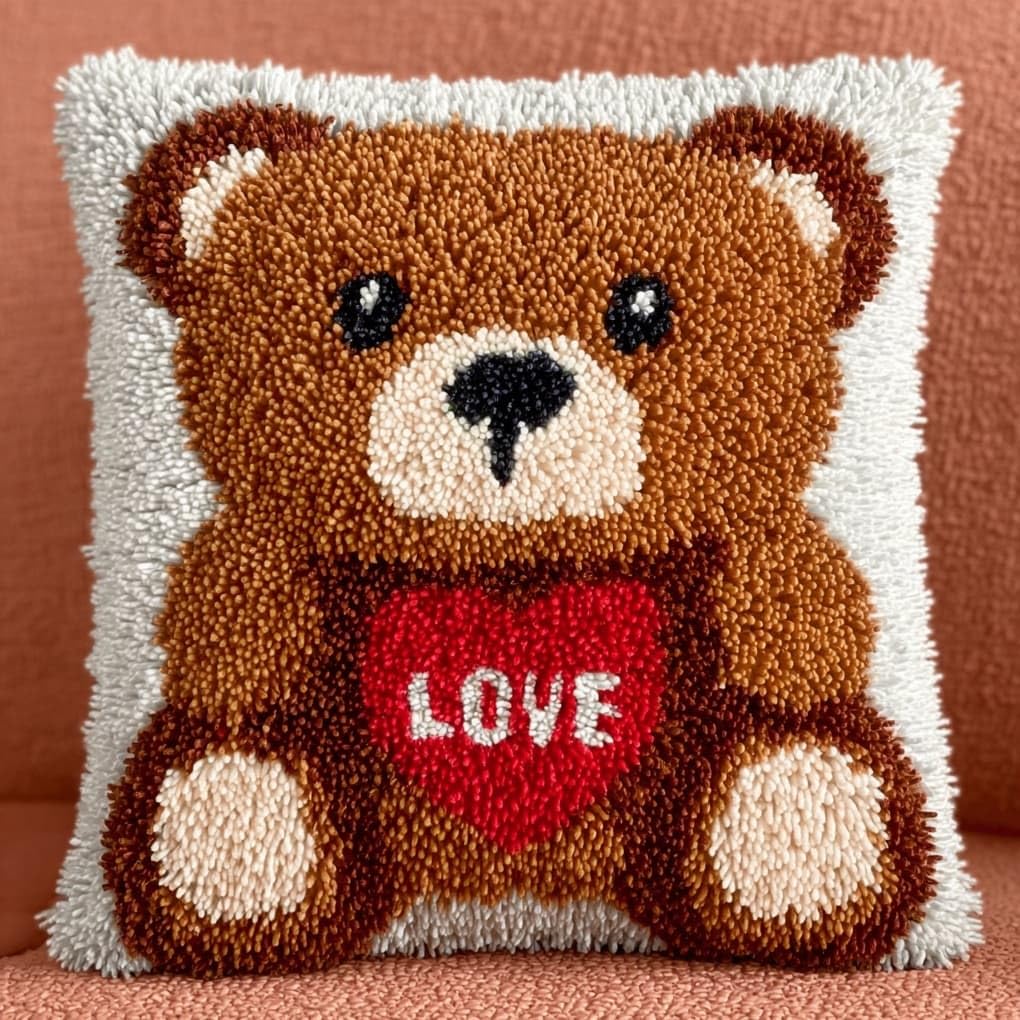 WallustrioaW DIY Latch Hook Kits 43x43cm,Heart-Shaped Bear