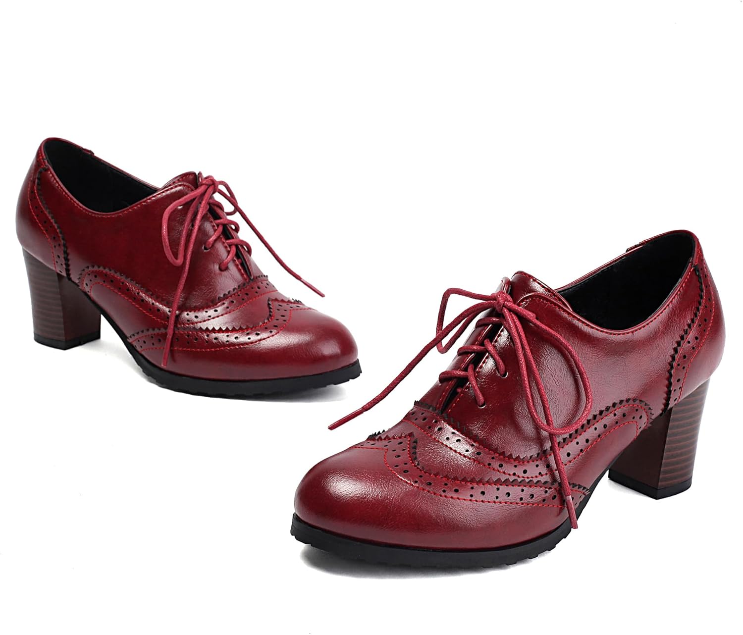 BEAUPAS Women's Oxford Wingtip Pumps Lace Up Block Heel Shoes Classic Brogue Dress Shoes - Image 5