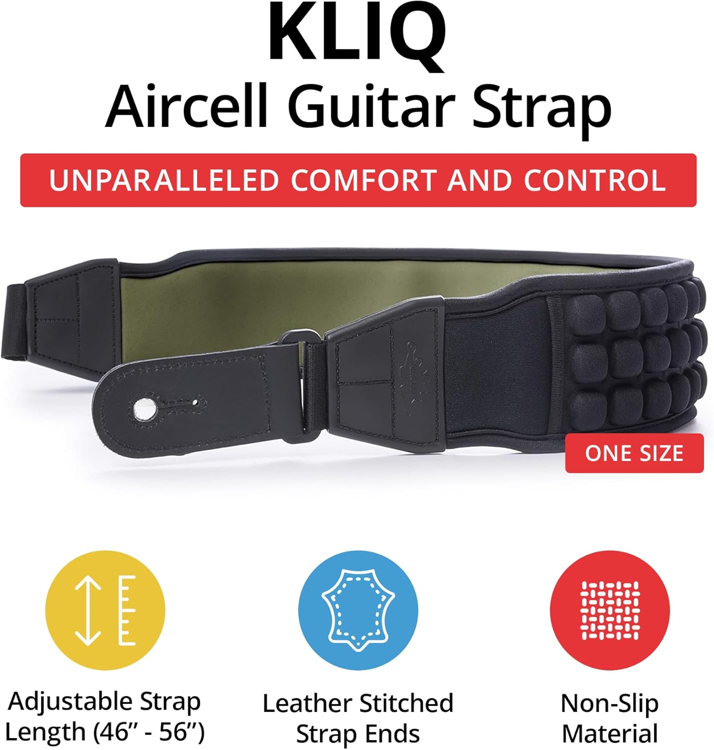 KLIQ AirCell Guitar Strap for Bass & Electric Guitar with 3" Wide Neoprene Pad and Adjustable Length from 46" to 56" (Regular), Canteen Green