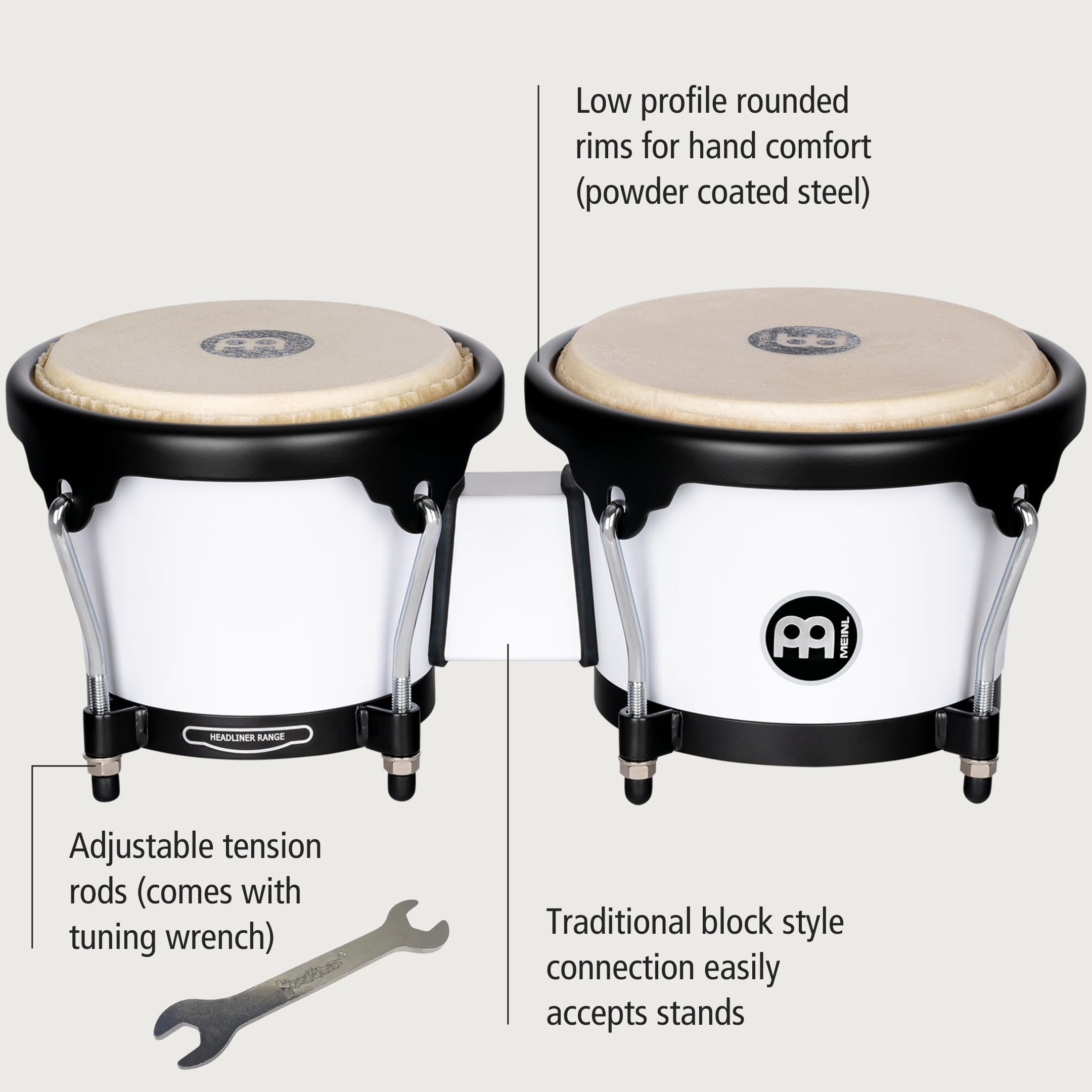 Meinl Percussion Bongos Journey Series – 2 Tamburi a Mano da 6.5 e 7.5 Pollici – Chiave Accordatura Inclusa – ABS Plastica, White (HB50WH)