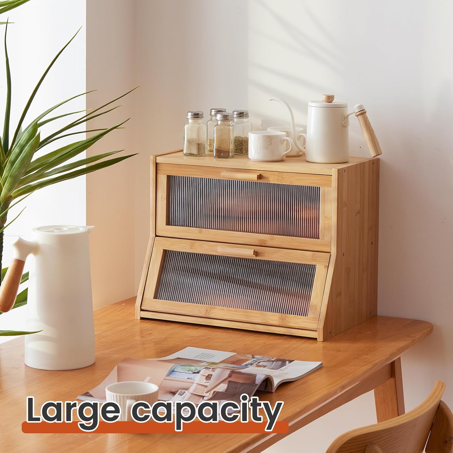 GHWIE Double Layer Bamboo Bread Box for Kitchen Counter,Large Capacity Bread Storage Bin,Bread Container with Acrylic Wavy Door Panel (Natural, Medium)