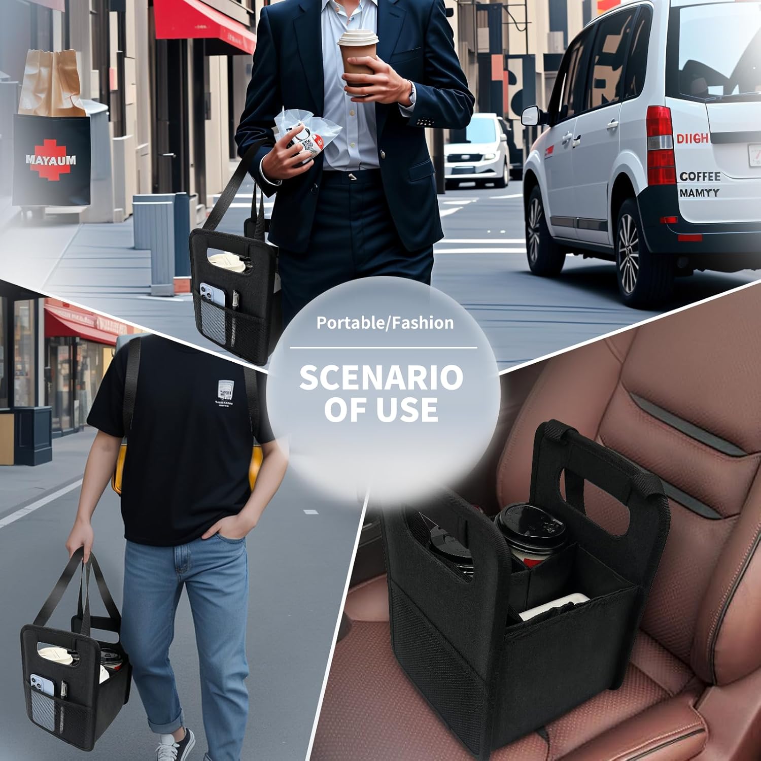 Reusable 4 Cup Drink Carrier with Handle and Adjustable Dividers, Insulated Caddy for Take Out, Foldable Coffee Cup Holder for Hot & Cold Drinks (Black) - Image 6