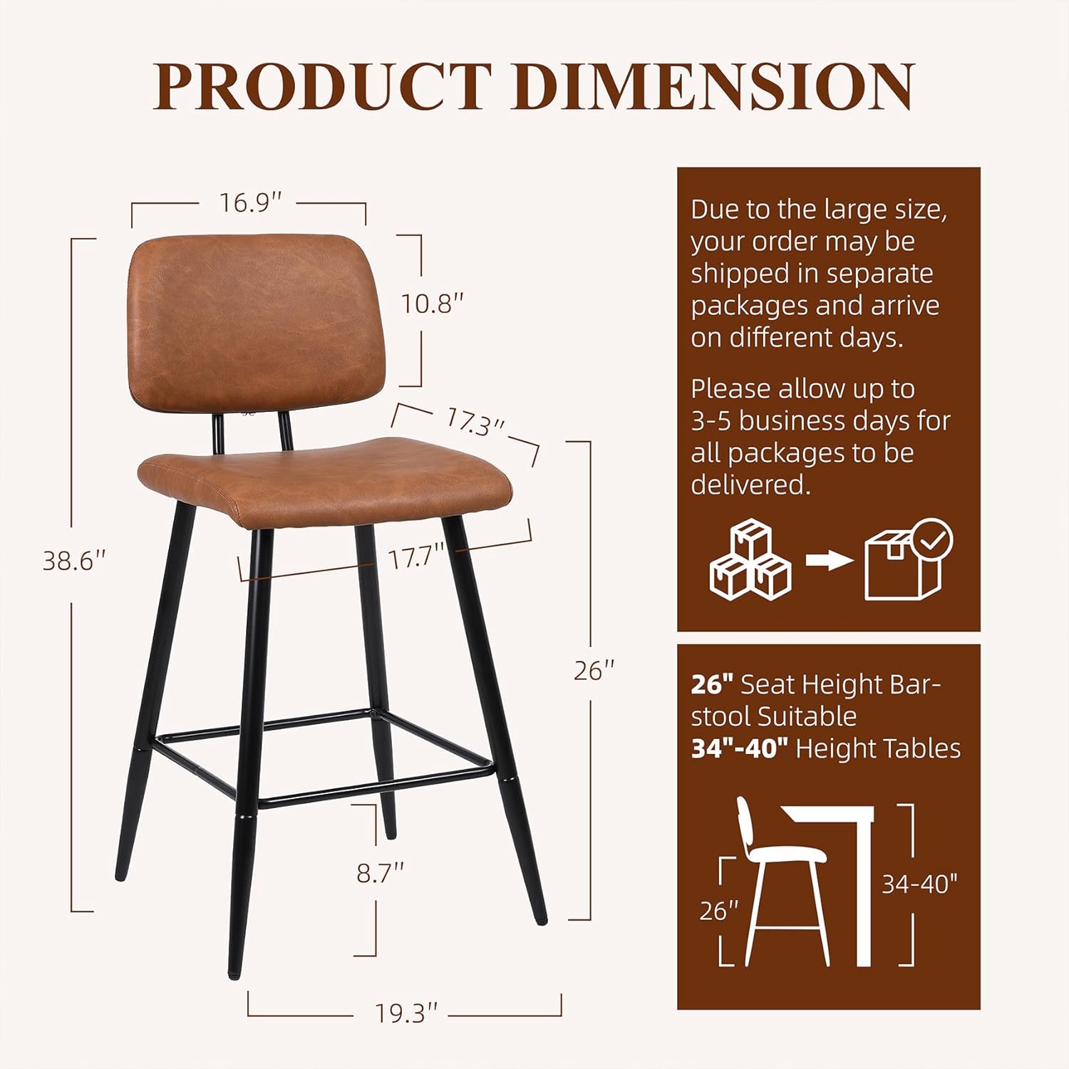 Bar Stools Set of 2, Modern Counter Height Barstools, Armless Island/Bar Chairs for Kitchen Counter, with Faux Leather, Ergonomic Backrest, Thickened Metal Legs and Footrest (26 Inch, Brown)