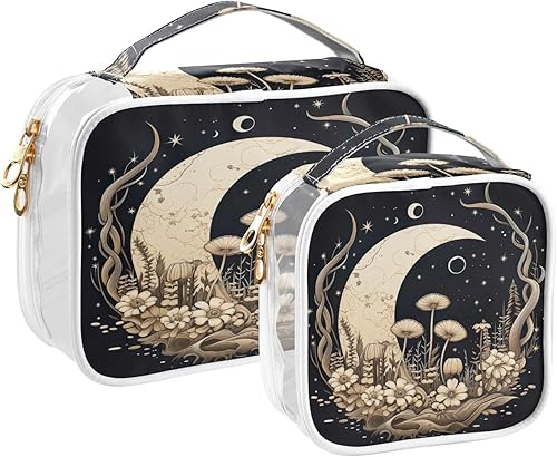 Moon Stars Mushrooms Clear Toiletry Bag for Traveling,2 Pack Makeup Cosmetic Bag with Zipper,Travel Bag for Toiletries,Travel Essentials 21214596