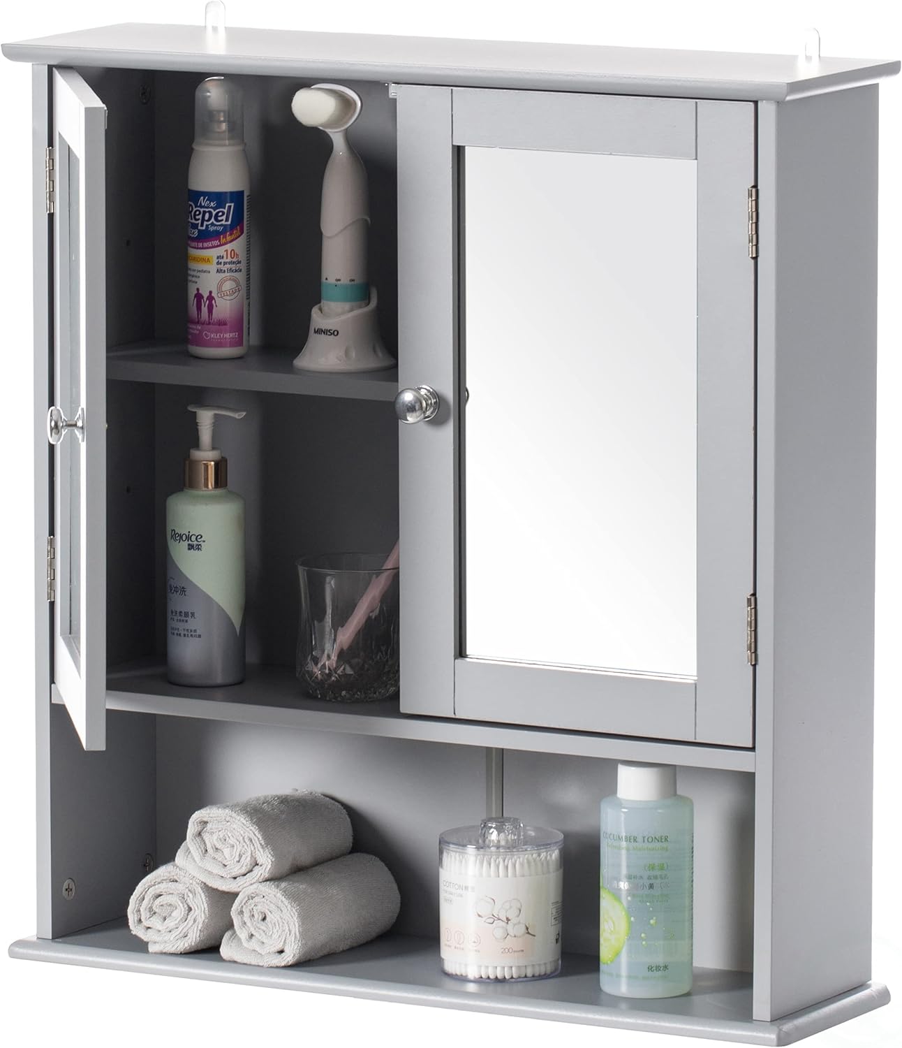 Basicwise Gray Mirror Wall Mounted Bathroom and Vanity with Adjustable Shelves Cabinet, Grey, (QI004020.GY)