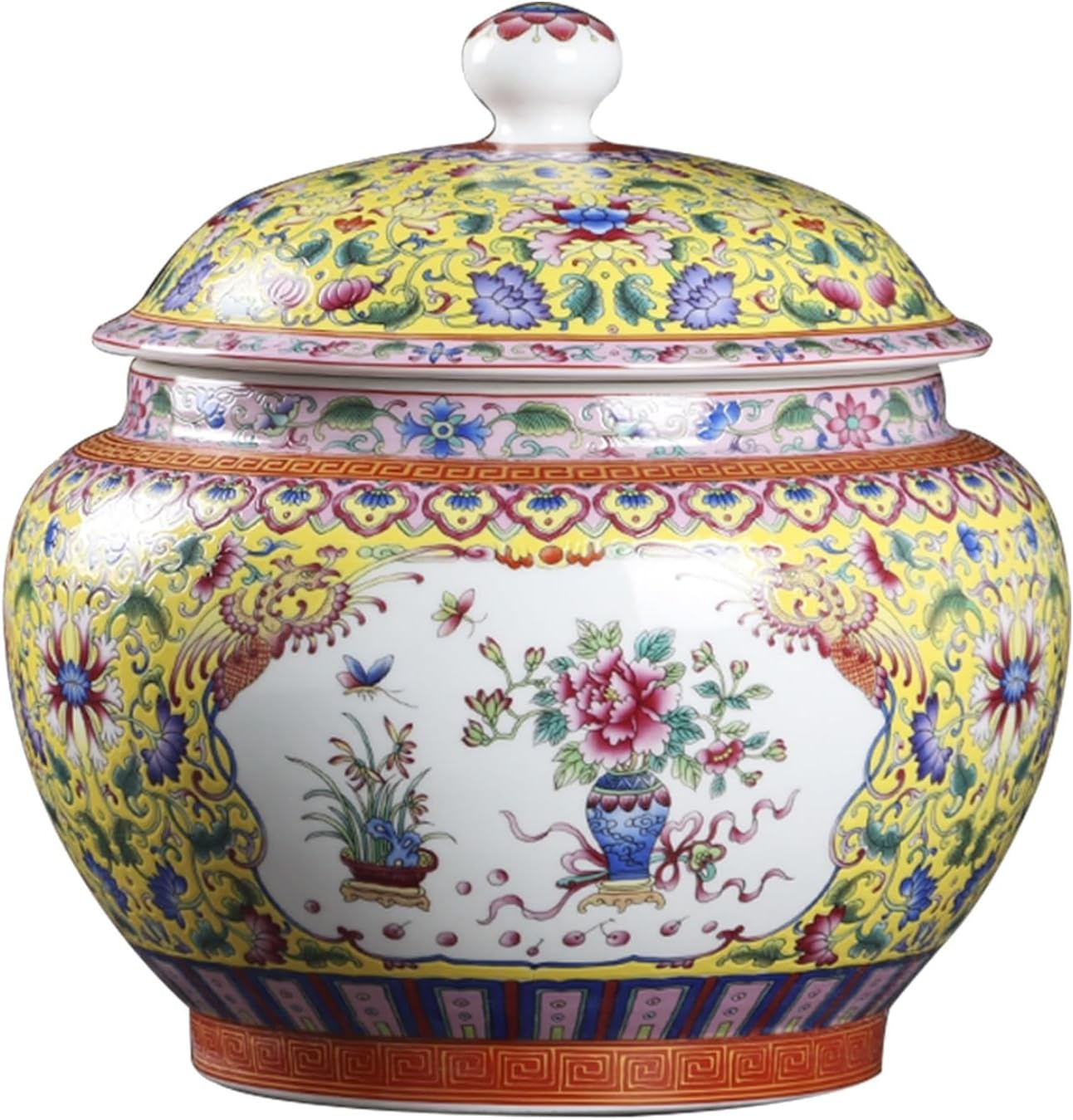 Large Ceramic Rice Bucket, Chinese Design Rice Container Bucket Cylinder with Lid, Rice Storage Jar with Tassel, for Rice, Oatmeal, Coffee, Snacks(Yellow)