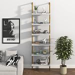 Wolawu Ladder Shelf 6 Tiers Marble White Modern Bookshelf Open Tall Wall Mount Bookcase Standing Leaning Wall Shelves Industrial Decorative Living Room Bed Room