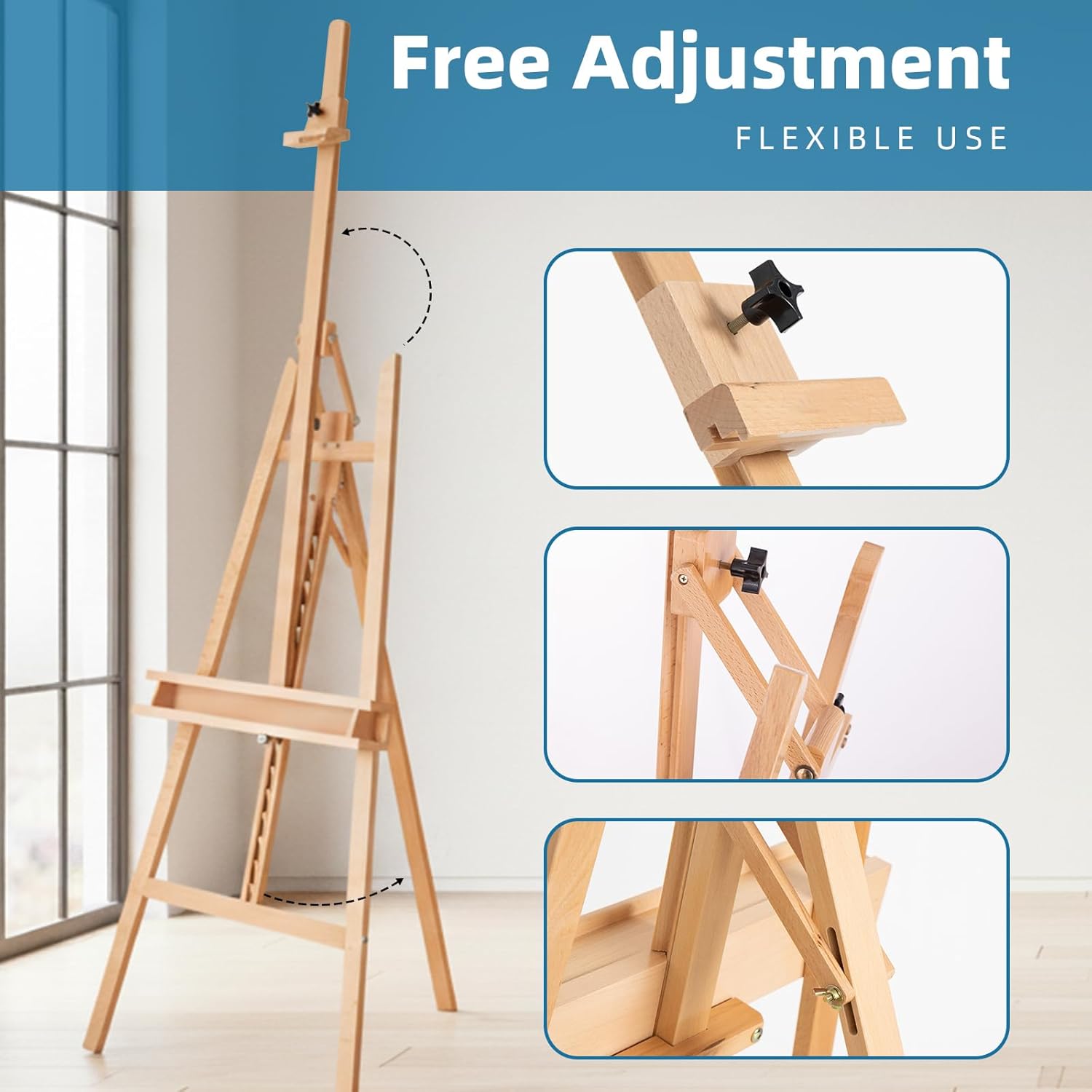 Large A-Frame Basic Studio Easel - Adjustable Solid Beech Wood Artist Easel with Brush Storage Tray, Floor Wooden Easel Stand for Painting Canvas, Natural