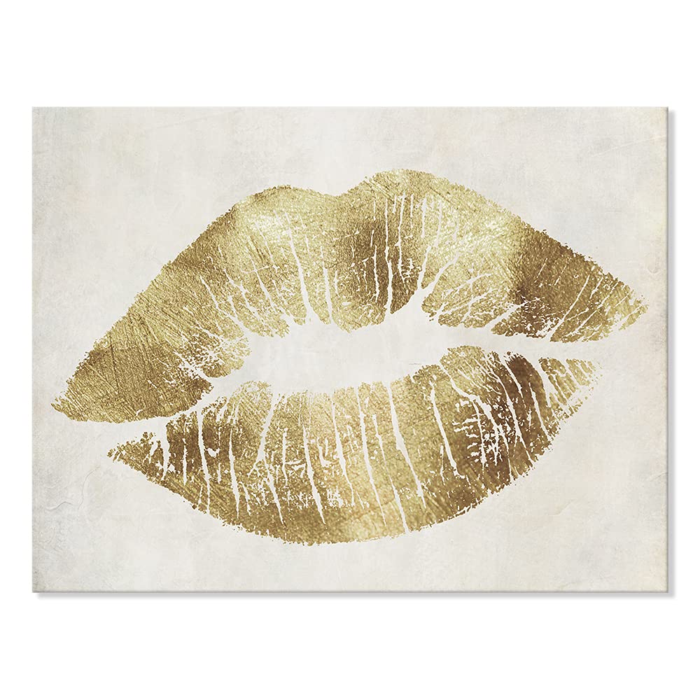 7CANVAS Gold Wall Decor Glam Lip Wall Art Romantic Kiss Lip Artwork Print Picture for Bedroom Wall Bathroom Makeup Room Decor 24x18Inch