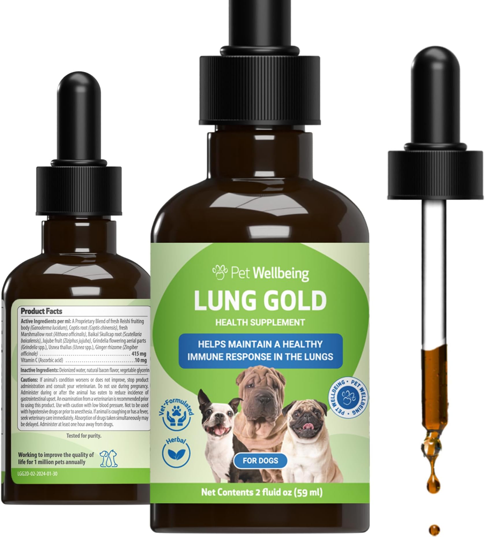 Pet Wellbeing Lung Gold for Dogs - Lung Immune Support, Lower Respiratory Health, Open Airways, Normal Breathing, Reishi, Coptis - Veterinarian-Formulated Herbal Supplement - 2 oz (59 ml)