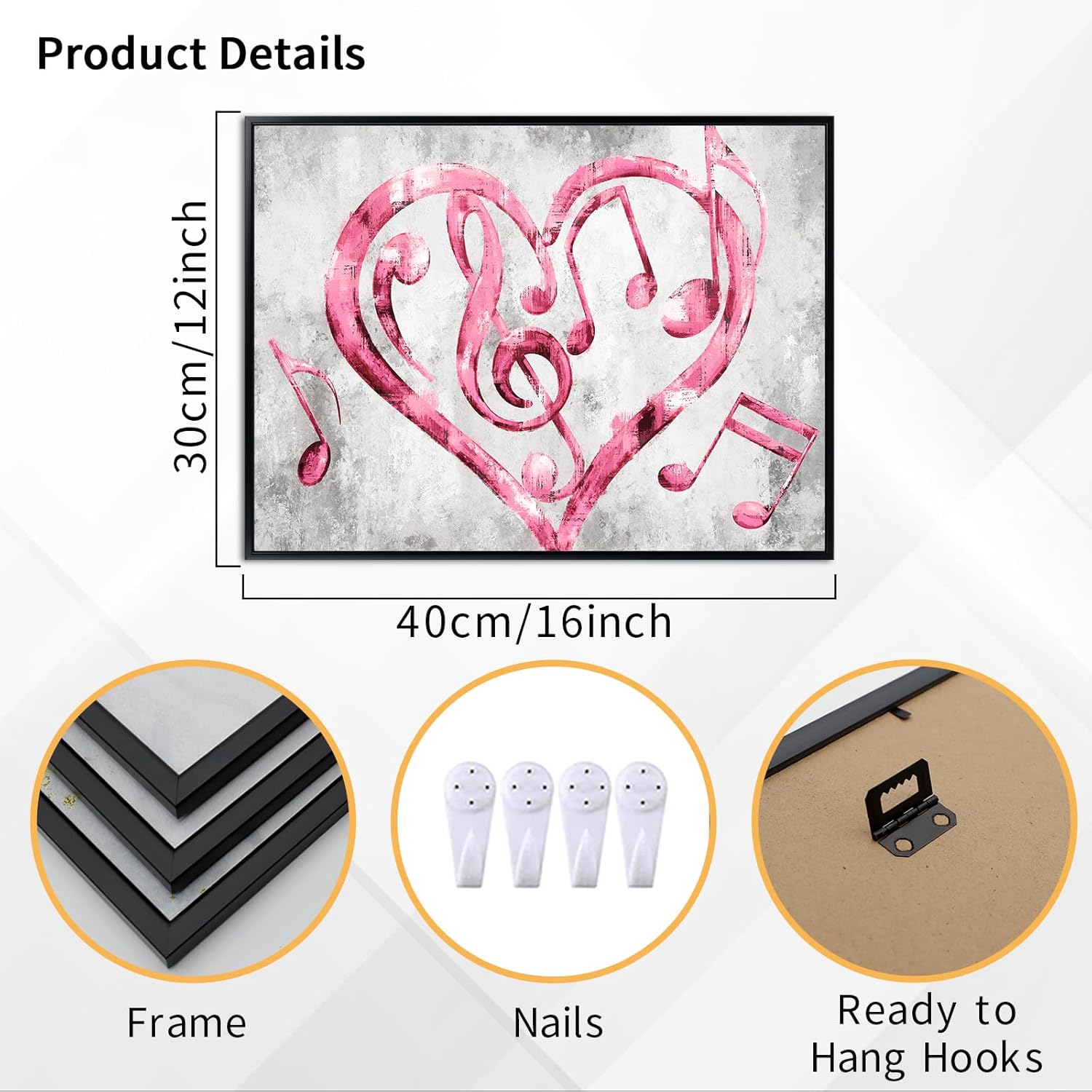 Kalormore Black Frame Canvas Art Heart Music Wall Decor (Pink, 12"X16", Framed)
