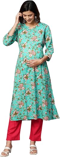 MomToBe Women's Cotton Relaxed Fit Maternity Kurta/Pregnancy Kurti/Easy Breastfeeding Kurta/Western Kurti with Zippers for...