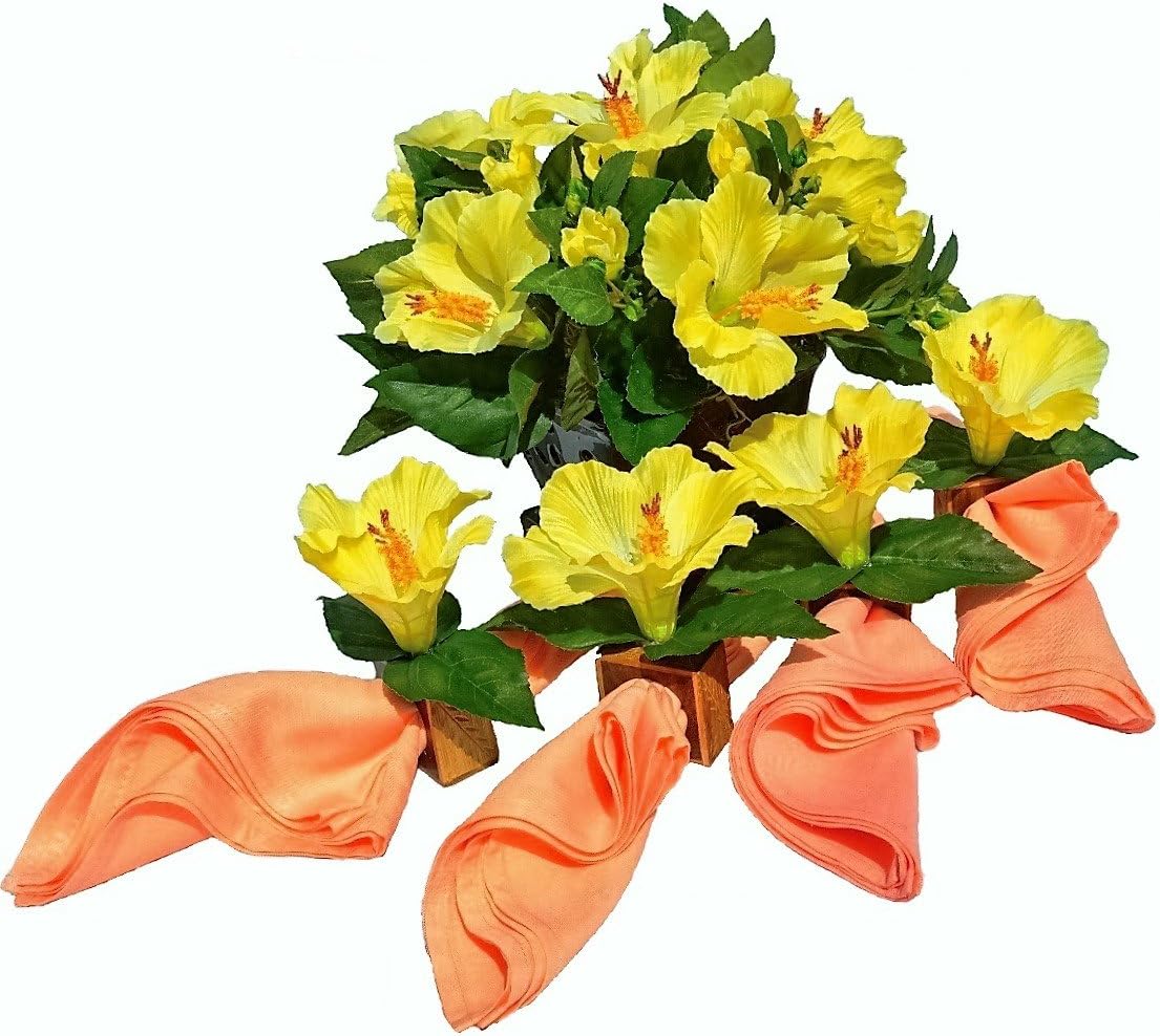 Hospitality Florals Sun Burst Yellow Hibiscus Centerpiece Ensemble with 4 Matching Mango Wood Napkin Rings