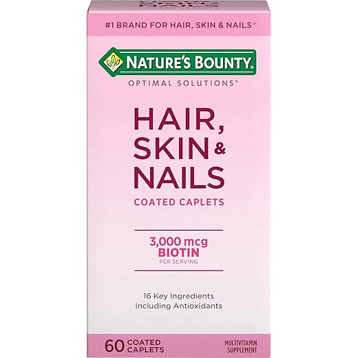 Nature's Bounty Optimal Solutions Hair, Skin & Nails Formula, with 3,000 mcg Biotin, 60 Coated Caplets, 20 Total Servings