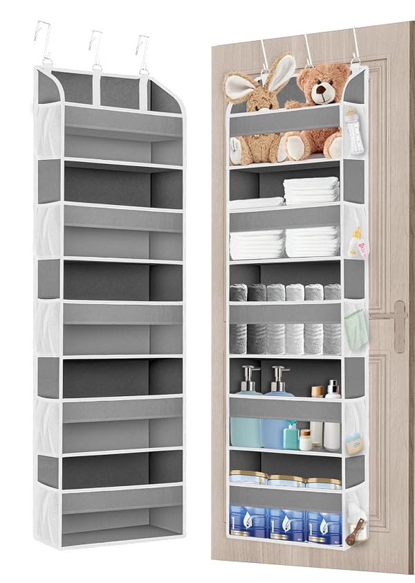 TAHAVICE 1 Pack Over The Door Storage Organizer with 5 Pockets 10 Mesh Side Pockets, 44 lbs Weight Capacity Door Hanging Organizers and Storage for Bedroom,Bathroom,Nursery,Pantry,Dorm(Light Gray) by TAHAVICE - Used condition - US$13.98