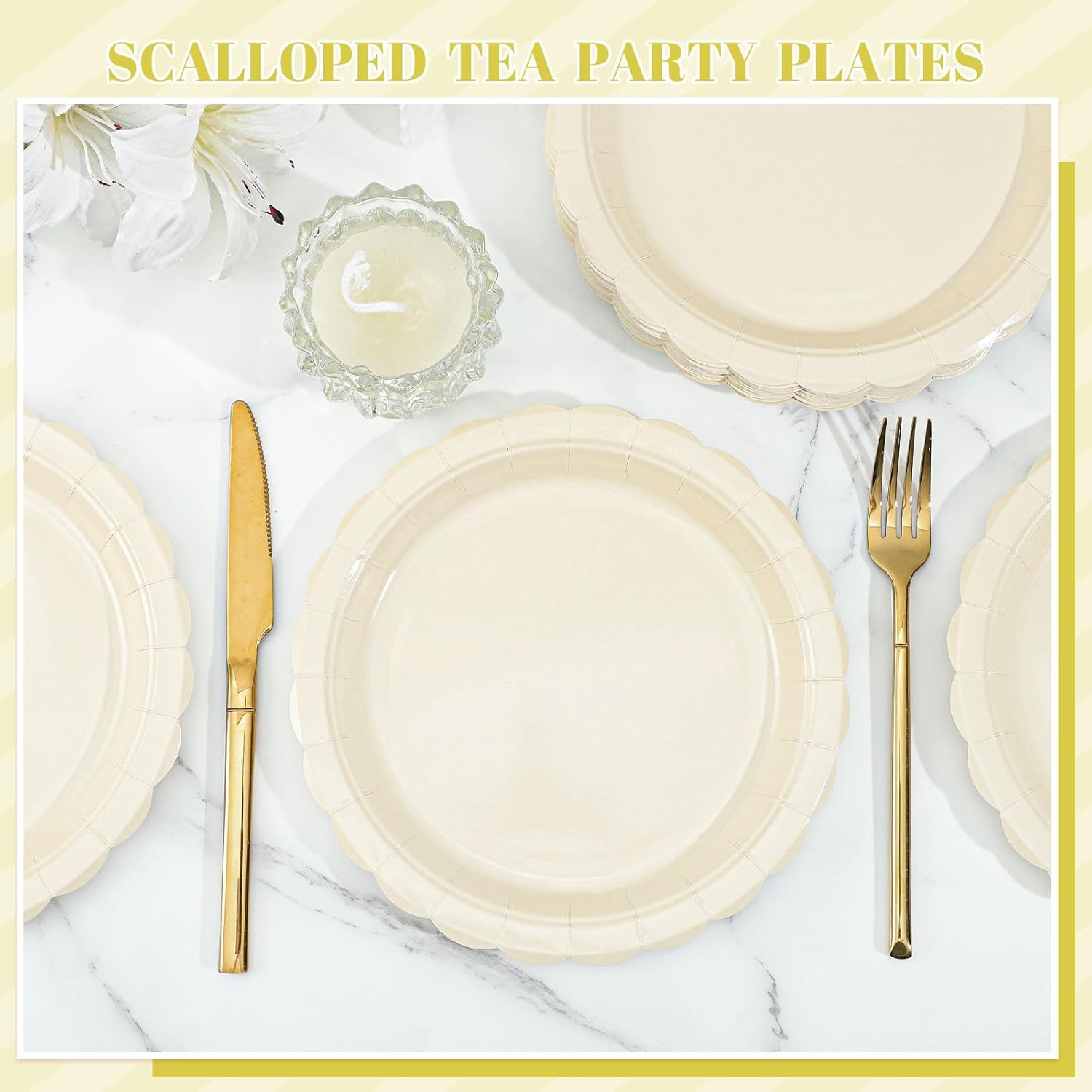 30 Pcs Ivory Paper Plates 9 Inch Disposable Scalloped Cream Plates Cute Beige Dessert Cake Plate Party Dinner Plate for Baby Shower, Wedding, Bridal Shower - Image 5