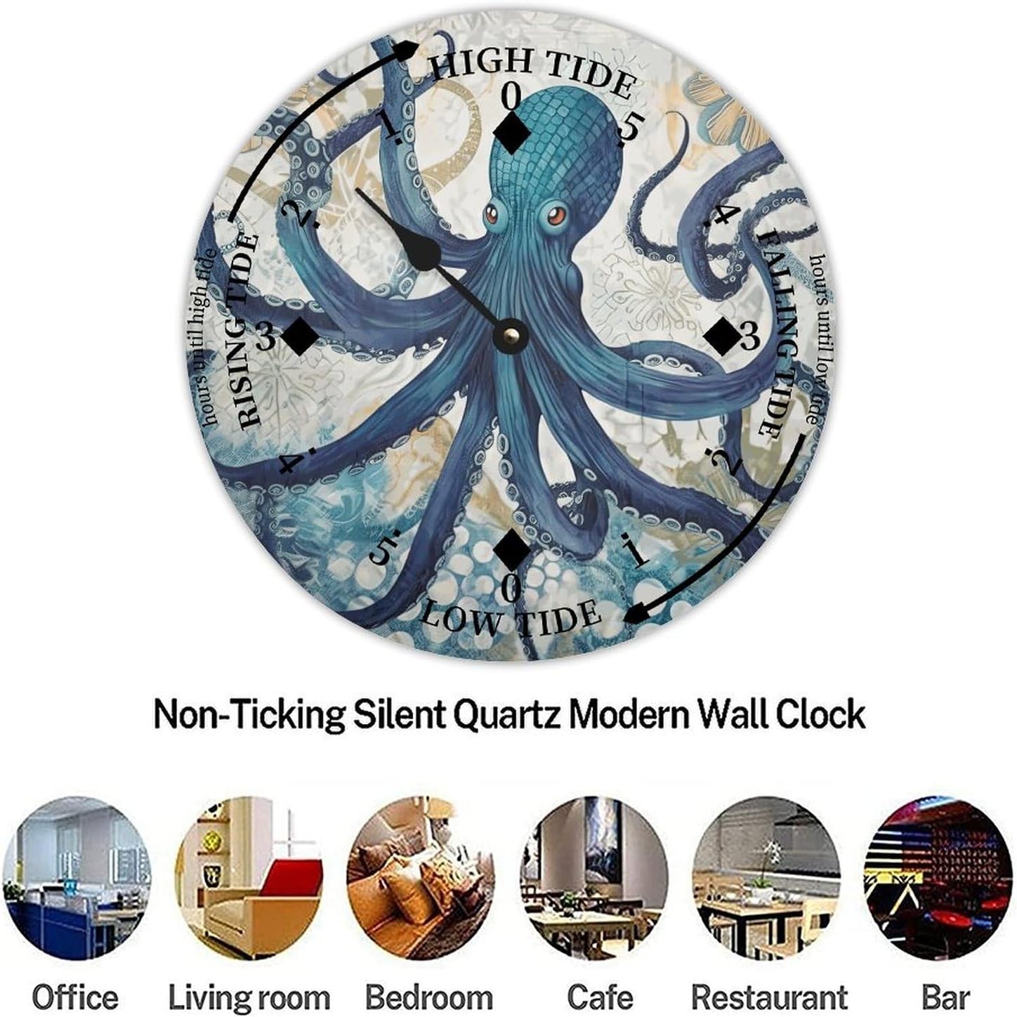 Vintage Beach Time Tide Clock - Ocean Octopus Tidal Clock Moon Clock Silent Non-Ticking Battery Operated Wooden Wall Clock for Cottage Beach Boat Living Room Bedroom Home Decor 12x12 in