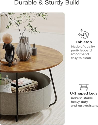 Miniatura 8 de Manora Mesa auxiliar redonda pequeña para sala de estar, mesa central moderna con almacenamiento de cesta de tela, bonita mesa circular para