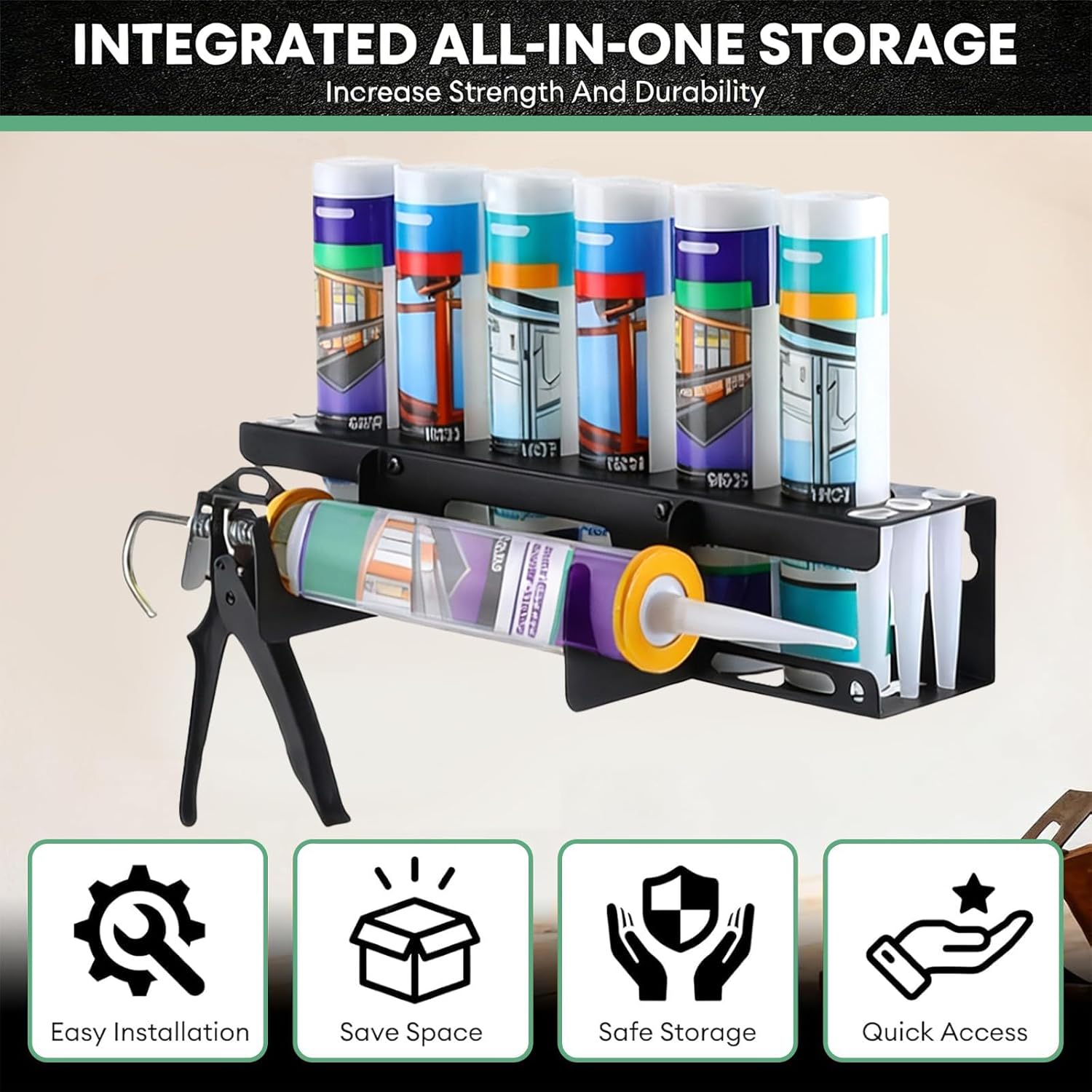 Wall-Mounted Caulk Gun & Tube Rack, 6-Hole Sealant Organizer with Horizontal Base, Work Truck Van Storage Organizer, Holds Caulk Gun, Sealant Tubes & Nozzles (16.54x4.33x4.33 Inches)