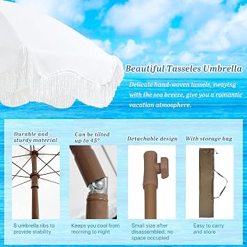 2m Garden Parasol With Tilt Boho Beach Umbrella With Fringe Outdoor Patio Umbrella UV50+ Protection Balcony Umbrella Waterproof Holiday Beach Parasol With Carry Bag Portable Parasol For Deck Pool