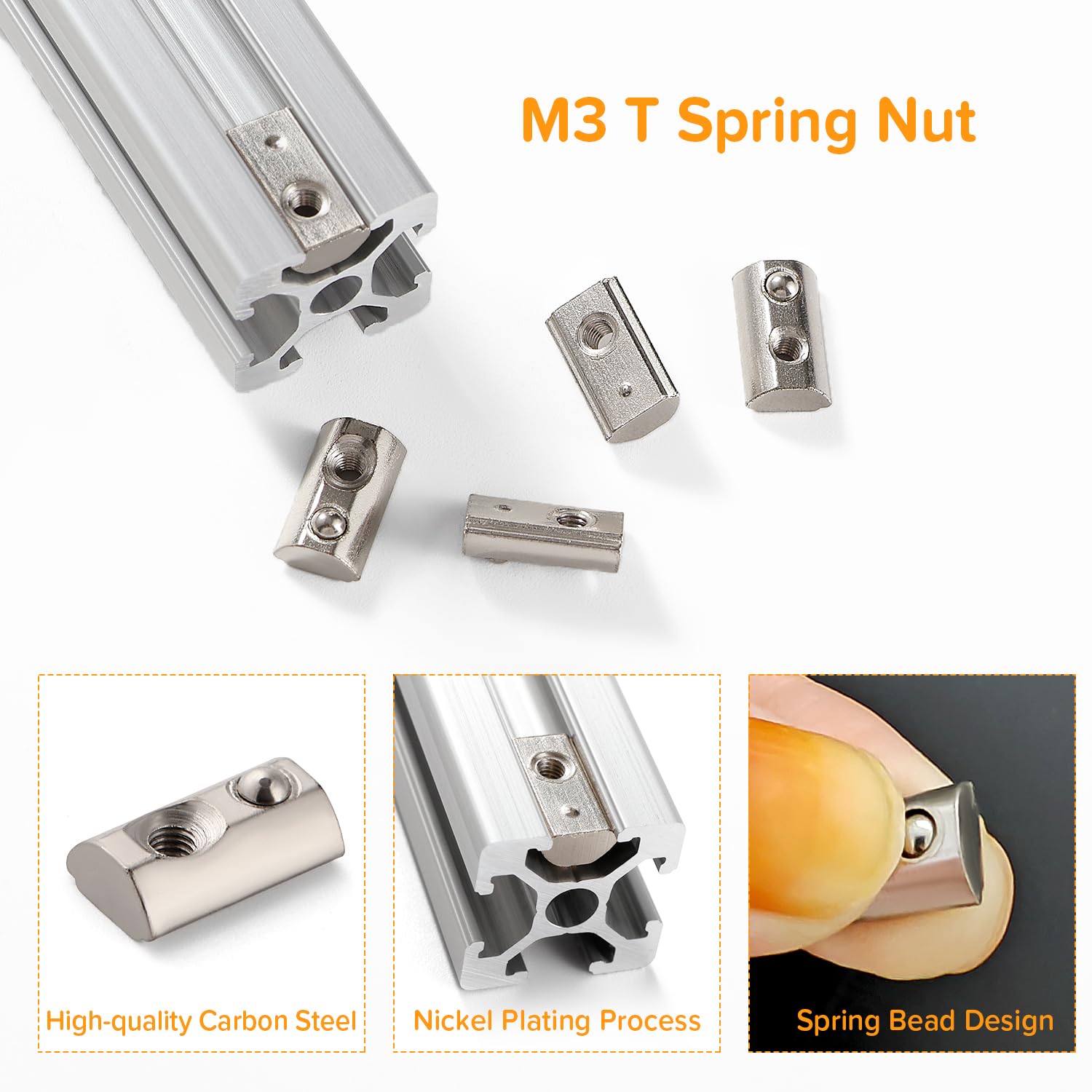 Lyeteung 25 PCS 20 Series M3 T Spring Nuts, Roll-in Spring T Nut, Half Round Roll in Spring T Slot Nut - Image 3