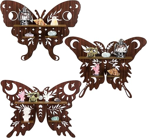 Kigley 3 piezas de estante de cristal de polilla luna, estantes flotantes de pared de madera bohemia, estantes flotantes de mariposa, corazón,