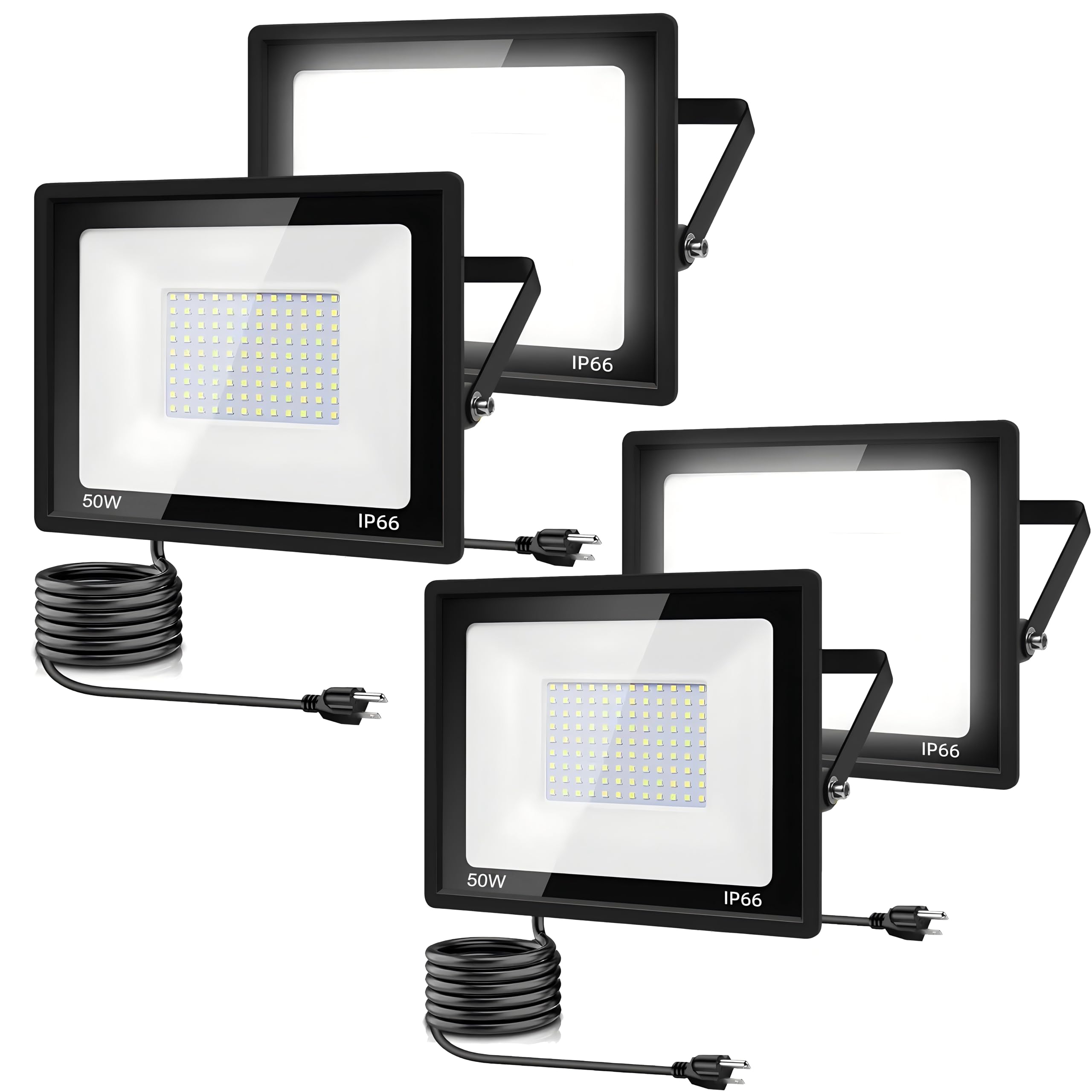 garageangle 4Pack LED Flood Light Outdoor,50W LED Work Light 5500lm with 6FT US Plug,IP66 Waterproof Exterior Security Lights,6000K Daylight White