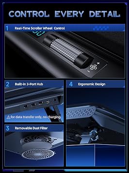llano V12 Laptop Cooling Pad, Gaming Laptop Cooler Stand with 5.5inch Powerful Turbo Fan, Adjustable Speed, Touch Control, 3-Port USB A, for Fast Cooling Laptop 15.6-19in, Black (No RGB)