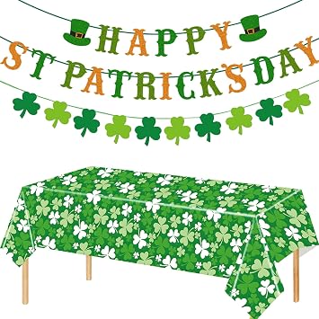 YANMIN St. Patricks Day Decorations Happy St Patricks Day Banner Green Glitter Saint Patricks Day Banner Shamrock Clover Disposable Tablecloth for Saint Patricks Day Decor 54 X 108Inch