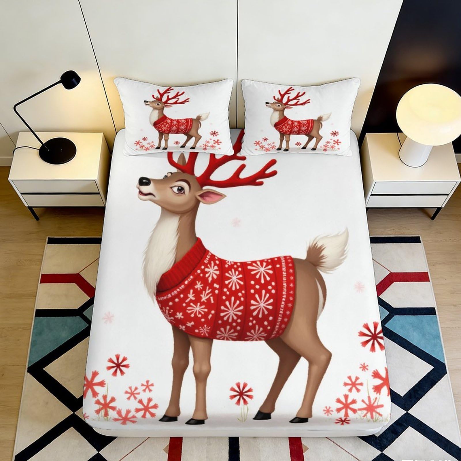 3D Printed Christmas Reindeer Fitted Sheet Microfiber Soft Breathable Holiday Bed Cover with Snowflake Pattern Mattress Cover for Bedroom Dormitory Guest Room 140x200x25cm
