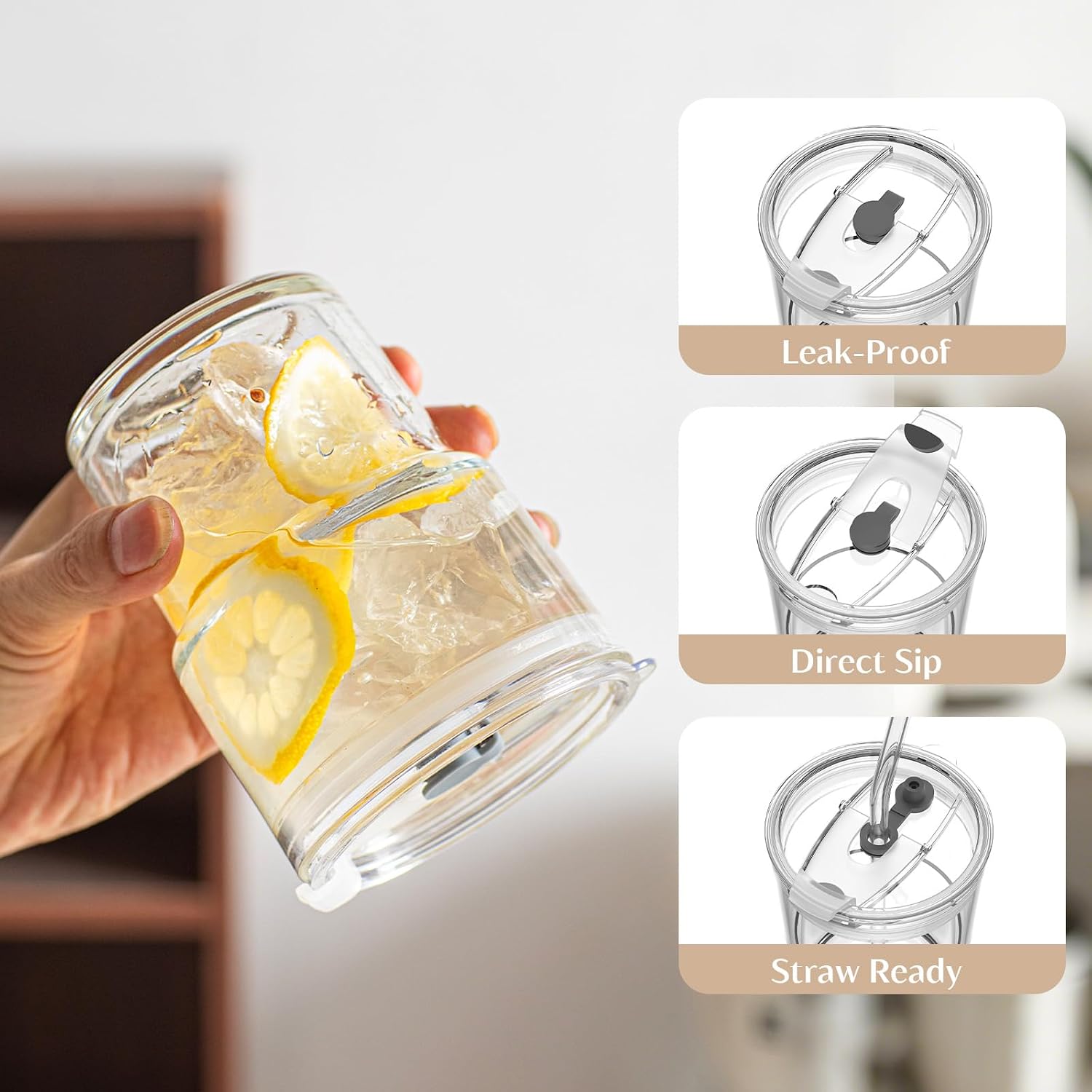 INSETLAN 13oz Portable Glass Tumblers Set of 4, Thick Wall Glass Cups with Lid and Glass Straw, On-the-Go Coffee Cups for Iced Coffee, Tea, Milk, Hot & Cold Drinks, Travel & Daily Use