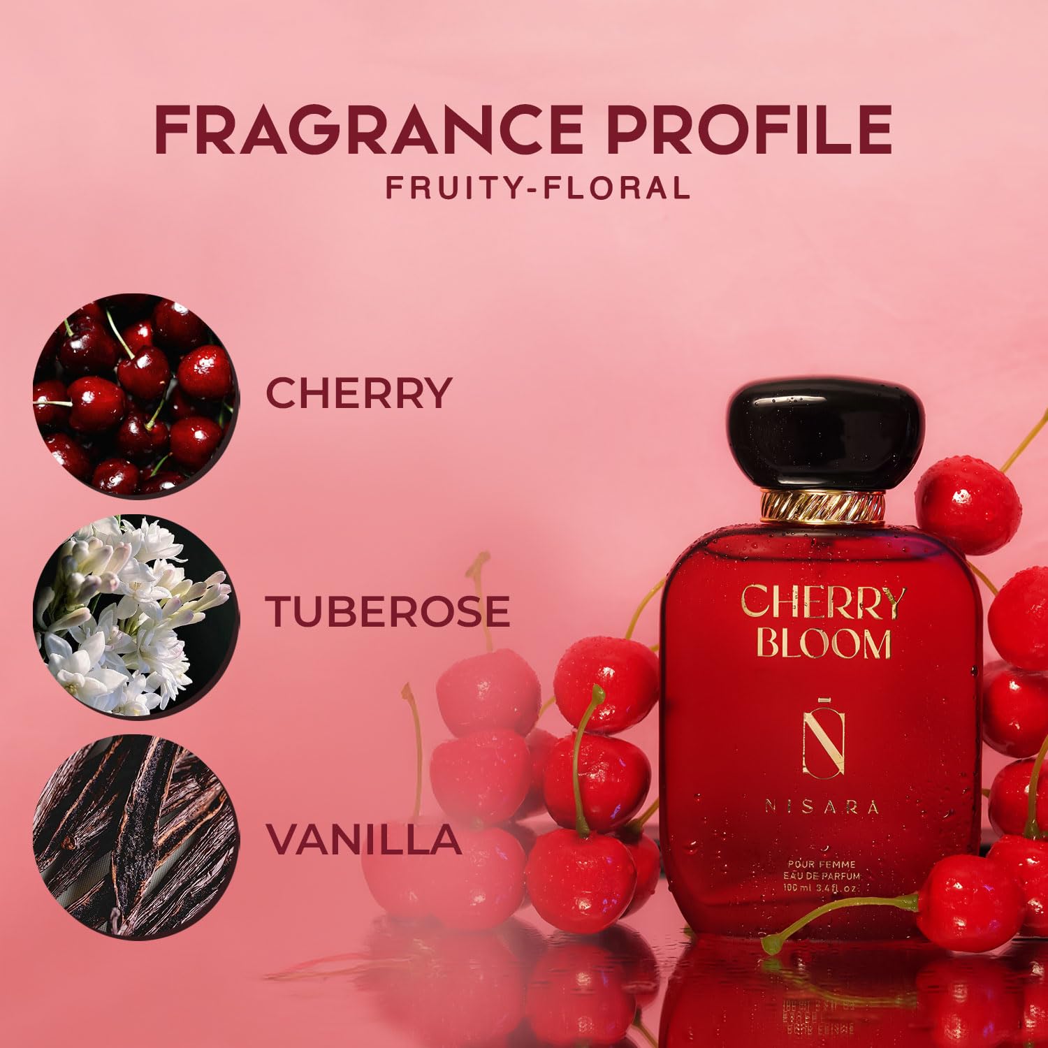 Nisara Cherry Bloom Gourmet EDP Perfume, for Women,100 ml | Premium Long Lasting Eau De Parfum | Fruity & Floral Fragrance with Cherry, Plum, Tuberose, Vanilla, Musk, Amber, Sandalwood Notes for Her