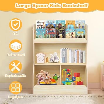 Asweets 2 in 1 Kids Bookshelf & Montessori Toy Storage Cubby, 3 Tiers Children Wooden Bookcase, Fit for Kids Room, Playroom, Kindergarten, Nursery, 31.5''L x 14.6''W x 39.4''H (Wood Color)